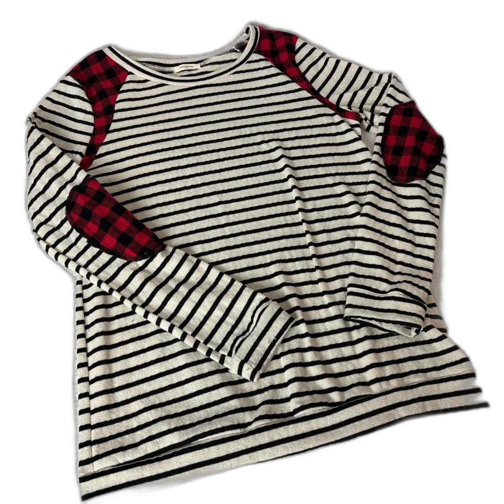 Striped Black and White Sweater with Red Plaid Elbow Patches VTG Women's L USA